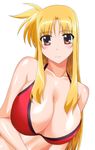  bikini blonde_hair blush breasts cleavage fate_testarossa huge_breasts long_hair lyrical_nanoha mahou_shoujo_lyrical_nanoha_strikers red_eyes smile solo swimsuit yuuki1103 