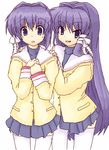  clannad data_nanokaa fujibayashi_kyou fujibayashi_ryou hikarizaka_private_high_school_uniform long_hair multiple_girls oekaki purple_eyes purple_hair school_uniform short_hair siblings sisters thighhighs twins 