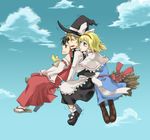  alice_margatroid bad_id bad_pixiv_id black_hair blonde_hair blue_eyes broom broom_riding cloud day detached_sleeves girl_sandwich hairband hakurei_reimu hat hug hug_from_behind kirisame_marisa kuroda_(nanchara_flight) multiple_girls multiple_riders sandwiched sarashi sidesaddle slippers sweatdrop touhou trembling witch_hat 