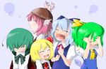  animal_ears antennae bad_id bad_pixiv_id blonde_hair blue_hair cape cirno closed_eyes crying daiyousei fairy green_hair hair_ribbon hat multiple_girls mystia_lorelei pink_hair ribbon rumia short_hair team_9 tears touhou umumu_(pilcre) wings wriggle_nightbug 