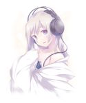  bare_shoulders blanket blue_eyes blush cable collarbone head_tilt headphones long_hair looking_at_viewer naked_sheet nanakusa open_mouth original simple_background solo upper_body white_background 