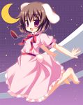  animal_ears barefoot blush brown_hair bunny_ears bunny_tail carrot carrot_necklace fang feet inaba_tewi jewelry meito_(maze) pendant pink_eyes short_hair solo tail touhou 