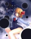  ascot black_dress blonde_hair bow building city cravat curvy darkness dress floating from_above hair_bow hair_ribbon happy highres legs looking_at_viewer organ_derwald outstretched_arms perspective red_eyes red_ribbon ribbon rumia shirt short_hair smile solo spread_arms touhou white_shirt wing_collar yellow_eyes 