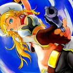  anshinmama armpits blonde_hair blue_eyes braid freckles gun hat long_hair midriff neckerchief remuria shinrabanshou solo twin_braids weapon western 