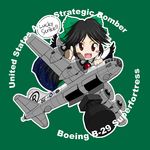  aircraft airplane b-29_superfortress black_hair blush_stickers bomb bomber brown_eyes chibi commentary english enola_gay fat_man_(bomb) long_hair lucky_strike military military_vehicle nuclear_weapon red_eyes reiuji_utsuho sakurato_tsuguhi solo thumbs_up touhou wings world_war_ii 