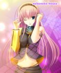  ;d belt blue_eyes breasts brooch cowboy_shot gem hairband jewelry large_breasts long_hair looking_at_viewer megurine_luka midriff navel number one_eye_closed open_mouth parted_lips pink_hair smile solo stomach takepon tattoo very_long_hair vest vocaloid 
