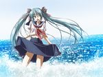  aqua_eyes aqua_hair bow hair_bow hair_ribbon hatsune_miku long_hair mid_knight navel one_eye_closed ribbon school_uniform skirt skirt_hold solo twintails vocaloid water 