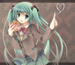  bad_id bad_pixiv_id blazer blush bow bowtie gift green_eyes green_hair hatsune_miku holding holding_gift jacket long_hair open_mouth pointing purinko school_uniform skirt solo twintails valentine very_long_hair vocaloid 