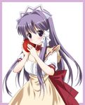  apple apron clannad dress food fruit fujibayashi_kyou haruno_(macoro) holding holding_food holding_fruit long_hair purple_eyes purple_hair solo waitress 