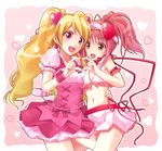  amulet_heart blonde_hair blush bow chobipero crossover cure_peach flat_chest fresh_precure! hair_ornament happy heart heart_hair_ornament heart_hands heart_hands_duo hinamori_amu long_hair magical_girl midriff momozono_love multiple_girls no_choker open_mouth pink_bow pink_eyes pink_hair precure shugo_chara! skirt smile twintails yellow_eyes 