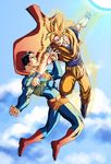  battle cape clothes_writing crossover dc_comics dragon_ball dragon_ball_z duel epic flying male_focus manly miguel_mendonca multiple_boys son_gokuu super_saiyan superman superman_(series) 