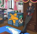  bad_id bad_pixiv_id crossed_arms green_hair jacket leaning macross macross_frontier male_focus manly military military_uniform otaku_room ozma_lee ponytail ranka_lee room s.m.s. sahare solo uniform 