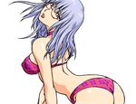  :o arched_back ass back bangs bent_over bikini blue_eyes blue_hair breasts covered_nipples gintama glasses konkitto large_breasts long_hair lowres open_mouth print_bikini profile sarutobi_ayame sideboob simple_background solo swimsuit 