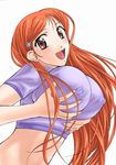  bleach blush breast_lift breasts brown_eyes covered_nipples inoue_orihime large_breasts long_hair open_mouth orange_hair shirt shizuki_shuuya simple_background smile solo t-shirt white_background 