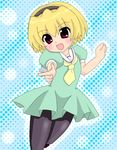  amemori_keron bad_id bad_pixiv_id blonde_hair child dress hairband higurashi_no_naku_koro_ni houjou_satoko pantyhose red_eyes short_hair solo 