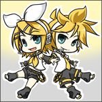  1girl blonde_hair blue_eyes brother_and_sister hairband kagamine_len kagamine_rin necktie short_hair shorts siblings twins vocaloid wabi_(wbsk) yellow_neckwear 