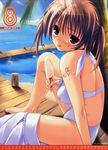  2009 :p absurdres august barefoot bikini blue_eyes blush brown_hair calendar_(medium) copyright_request day food highres looking_back popsicle saliva saliva_trail sexually_suggestive sitting solo swimsuit tattoo tongue tongue_out twintails water white_bikini yukirin 