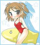  blush border breasts brown_eyes brown_hair cleavage fang fish hair_ornament hairclip inflatable_raft looking_at_viewer lowres one-piece_swimsuit shadow short_hair shudou_rima sister_princess small_breasts solo star swimsuit twintails white_background yotsuba_(sister_princess) 