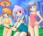  animal_ears bikini blue_hair blush bodysuit broom broom_riding cat_ears child cloud competition_swimsuit day flat_chest grass green_eyes hana_(pangya) hand_on_hip kooh long_hair miracle! multiple_girls mushroom navel non-web_source object_on_head one-piece_swimsuit one_eye_closed orange_hair outdoors pangya paw_pose pink_eyes ponytail puff purple_hair quad_tails red_eyes sky smile sports_bikini swimsuit thighhighs tiki twintails very_long_hair 