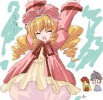  2girls arms_up blonde_hair bonnet bow dress drill_hair glasses hair_bow hina_ichigo kazami_karasu long_hair long_sleeves multiple_girls pink_bow pink_dress ribbon rozen_maiden sakurada_jun shinku solo_focus twin_drills twintails very_long_hair 