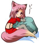  animal_ears blush copyright_request fox_ears fox_tail kazami_karasu miniskirt pink_hair skirt solo tail thighhighs zettai_ryouiki 