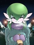  ^_^ closed_eyes cold costume gardevoir gen_3_pokemon green_hair happy holding_hands looking_at_viewer mittens night out_of_frame pokemon pokemon_(creature) pov pov_hands resized scarf smile solo_focus space_jin sweater 