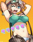  blue_eyes breasts goggles large_breasts meme50 one_eye_closed open_fly panties pixiv_robot_wars short_hair solo striped striped_panties suspenders tank_top translation_request underwear unzipped wrench 