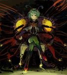  antennae boots bridal_gauntlets bug cape crossed_legs green_eyes green_hair insect iwamoto_zerogo sitting solo thigh_boots thighhighs throne touhou wings wriggle_nightbug 