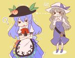  ? blue_hair blush brown_hair chibi directional_arrow food fruit hat hinanawi_tenshi kingin multiple_girls peach red_eyes saliva touhou trembling watatsuki_no_toyohime 