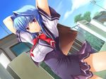  arms_behind_head bag blue_hair bored bow breasts day fujiki_mika game_cg houou_senki_maimu kinmedai_pink large_breasts miniskirt outdoors red_eyes school_bag school_uniform serafuku short_hair skirt sky solo tree 