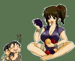  2boys artist_request barefoot basilisk_(manga) breasts brown_hair cleavage feet food fruit japanese_clothes kisaragi_saemon knife large_breasts multiple_boys ninja okoi ponytail udono_jousuke 