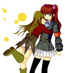  armband bad_id bad_pixiv_id blue_eyes brown_hair hair_bobbles hair_ornament hug mammon multiple_girls red_eyes red_hair skirt stakes_of_purgatory thighhighs umineko_no_naku_koro_ni ushiromiya_ange yuri zettai_ryouiki 