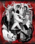  bad_id bad_pixiv_id black_hair blood bone chain copyright_request door formal horns kantou male_focus monster red_eyes skull solo suit suitcase 