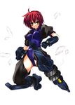  breasts gloves highres iga_tamaki inline_skates jet_edge lyrical_nanoha mahou_shoujo_lyrical_nanoha_strikers medium_breasts nove_(nanoha) numbers_(nanoha) red_hair roller_skates short_hair skates solo yellow_eyes 