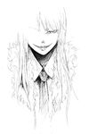  coat evil_grin evil_smile fur_collar fur_trim greyscale grin jormungand koko_hekmatyar lips long_hair looking_at_viewer monochrome necktie no_eyes nose simple_background smile solo teeth upper_body uruo white_background 