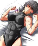  abs bed_sheet black_hair blush bow breasts hair_bow large_breasts leotard long_hair looking_at_viewer m.u.g.e.n muscle muscular_female on_bed original pillow samuimu scar sendai_hakurei_no_miko skin_tight solo touhou 