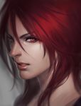  arieaesu face grey_background ironscale_shyvana league_of_legends lips long_hair nose portrait red_eyes red_hair shyvana solo upper_body 