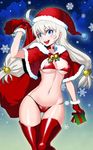  absurdres bell bikini blue_eyes choker christmas defiaz_(infinity) gift gloves hat highres long_hair navel open_mouth original red_gloves sack santa_hat shawl shiny shiny_skin silver_hair skindentation snowflakes solo swimsuit thigh_gap thighhighs 