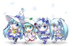  aqua_hair blue_eyes boots cape chibi detached_sleeves earmuffs fingerless_gloves gloves green_eyes green_hair hat hatsune_miku hood japanese_clothes kimono leaf long_hair mittens multiple_girls open_mouth pantyhose skirt snowflakes suki!_yuki!_maji_magic_(vocaloid) twintails uchikake very_long_hair vocaloid witch_hat yagi_gojou yuki_miku 