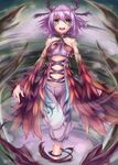 antennae breasts duel_monster highres insect_girl looking_at_viewer medium_breasts midriff mizya monster_girl purple_hair solo traptrix_myrmeleo yellow_eyes yuu-gi-ou 