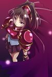  alice360 armor armored_dress bad_id bad_pixiv_id brown_hair cape doppelganger_arle from_above gloves half_updo madou_monogatari purple_background puyopuyo red_armor red_eyes short_hair skirt smile solo 