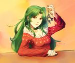  aerlai bare_shoulders breasts brown_eyes christmas christmas_sweater cleavage contemporary earrings elincia_ridell_crimea fire_emblem fire_emblem:_souen_no_kiseki green_hair highres holding_mistletoe jewelry long_hair looking_at_viewer medium_breasts mistletoe solo stud_earrings sweater 