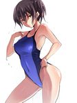  adjusting_clothes adjusting_swimsuit alternate_costume arched_back breasts brown_eyes brown_hair collarbone competition_swimsuit covered_navel jpeg_artifacts kaga_(kantai_collection) kantai_collection large_breasts long_hair looking_at_viewer one-piece_swimsuit ponytail shiny shiny_skin side_ponytail simple_background solo swimsuit ulrich_(tagaragakuin) wet white_background 