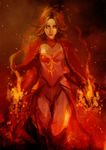  cape defense_of_the_ancients dota_2 fire glowing glowing_eyes lina_inverse_(dota_2) muju red_hair short_hair solo work_in_progress yellow_eyes 