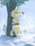  animal_crossing anthro blush bottomless canine chief_(animal_crossing) clothing cold fox fur leaning male mammal nintendo outside sansh snow snowman solo steam sweater tree video_games white_fur winter yellow_fur 