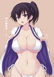  bikini black_eyes black_hair blush breasts cleavage collarbone curvy hair_ribbon highres huge_breasts jema kaga_(kantai_collection) kantai_collection looking_at_viewer navel open_clothes open_mouth ribbon short_hair side-tie_bikini side_ponytail solo sweat swimsuit translation_request white_bikini 