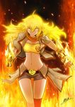  1girl bare_shoulders belt blonde_hair breasts clenched_hand fingerless_gloves fire fist gauntlets gloves looking_at_viewer midriff rwby serious single_thighhigh solo thighhighs yang_xiao_long yellow_eyes 