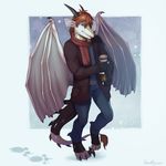  blue_eyes claws clothed clothing dragon drink drinking gift horn male pose scalie scarf snow solo spookable standing white_body wings 
