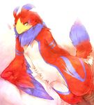  abstract_background ambiguous_gender anthro avian beak bird blue_markings feathers fur green_eyes markings nude red_fur wings 