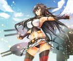  bare_shoulders black_gloves black_hair black_panties breasts elbow_gloves fingerless_gloves gloves hair_ornament highres kantai_collection large_breasts long_hair lowleg lowleg_panties md5_mismatch midriff miniskirt nagato_(kantai_collection) navel panties parted_lips red_eyes revision skirt solo taishi_(picchiridou) thighhighs underwear 